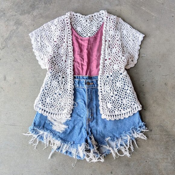 Dressbarn White Open Knit Crochet Short Sleeve Cardigan Sweater size XL - Picture 1 of 8